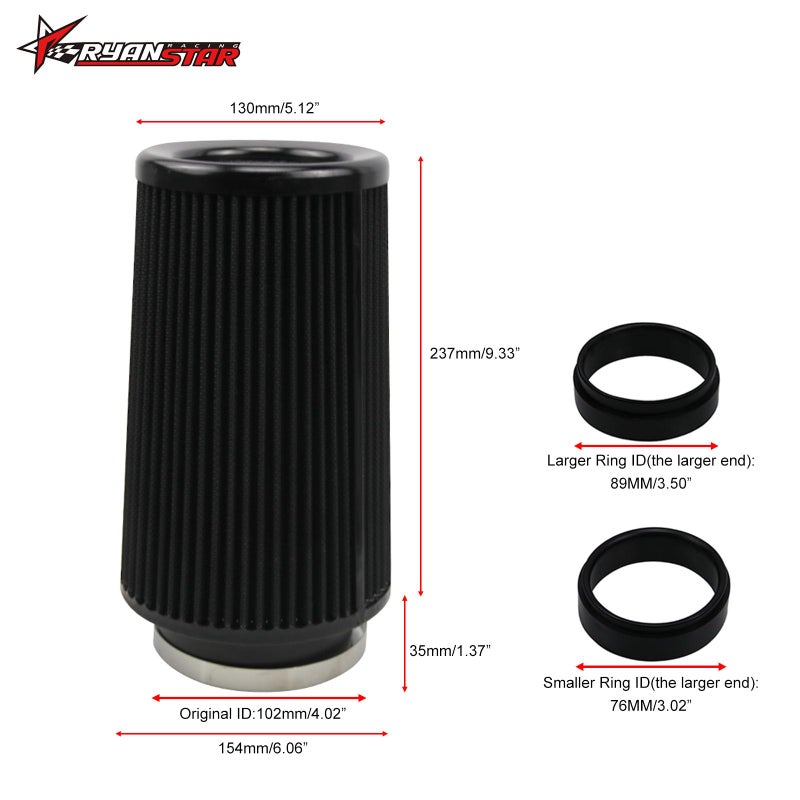 RYANSTAR RACING RYANSTAR Universal Clamp-On Air Filter Three Different Size 76MM 89MM 102MM High Flow Round Tapered Cone Closed-Top Cool Air Filter Cleaner Fit compatible with car and Motorcycle Black - Image 2
